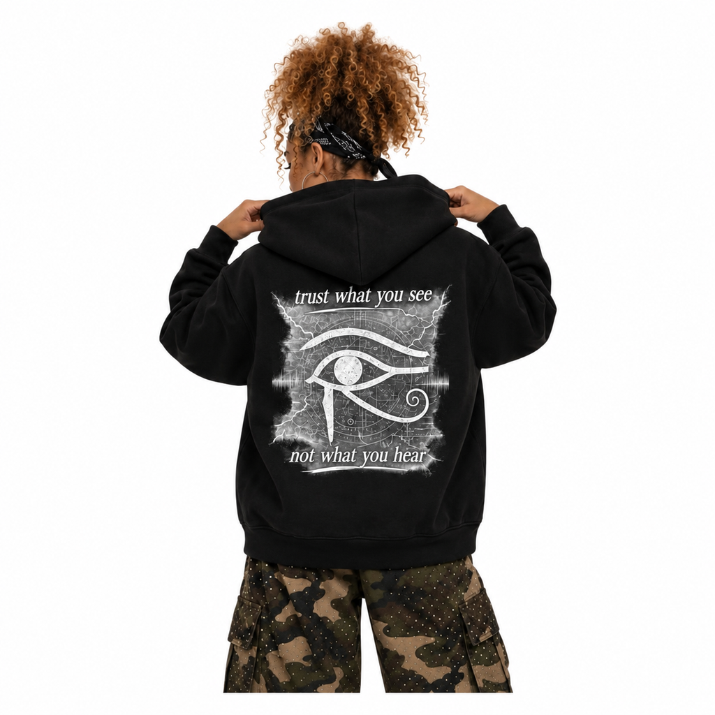 Back view of the black Virgo hoodie showing Trust What You See Not What You Hear artwork, square image