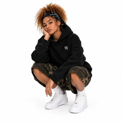 Crouched front view of the black Virgo hoodie, square image