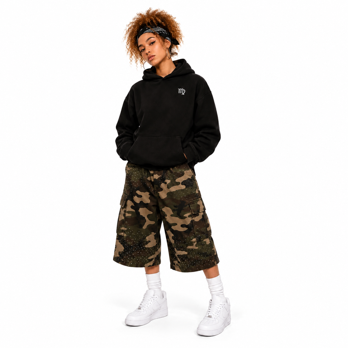 Standing front view of the black Virgo hoodie, square image